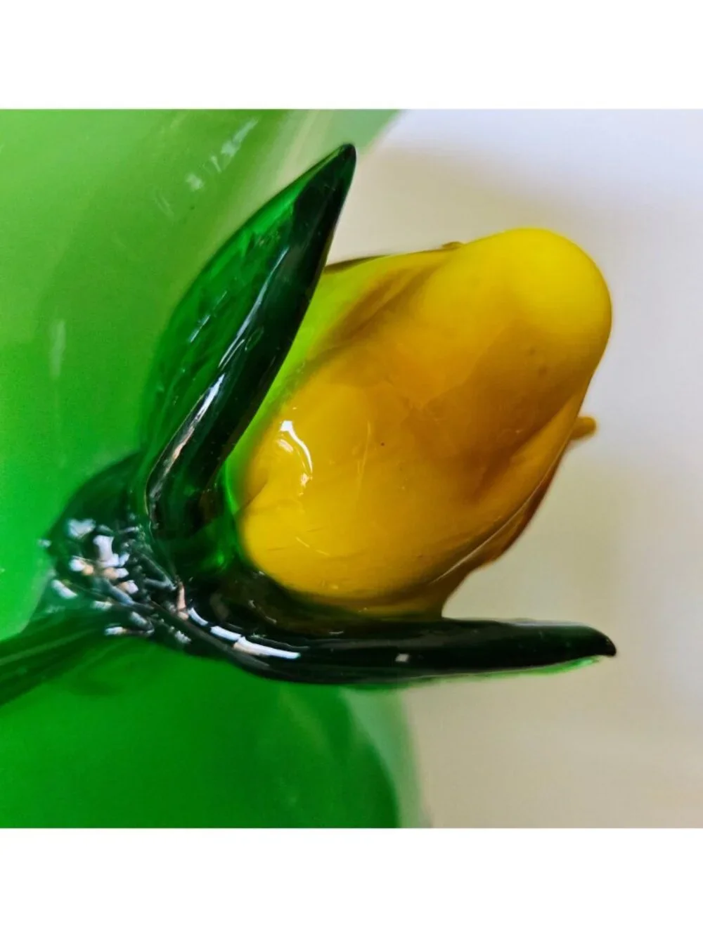 Large Hand-Blown Green Glass Vase With Yellow Flower Rose Accent & Ruffled Rim